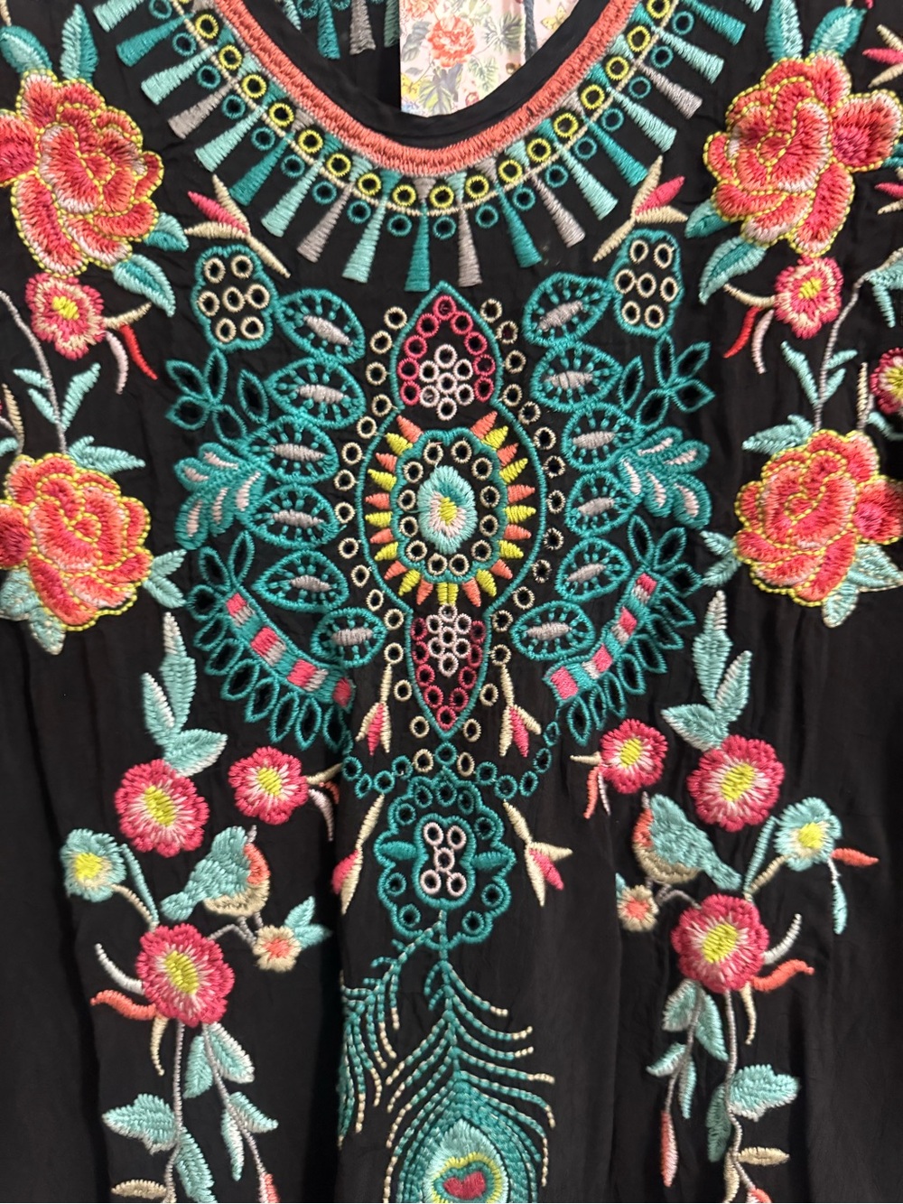 Johnny Was Black Tunic with Teal and Coral Floral Embroidery - Picture 2 of 4